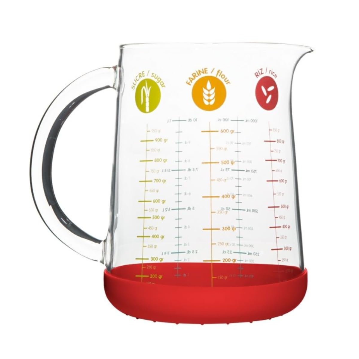 Pebbly Glass Measuring Jug - 1 Litre Silicone and Multi-Coloured Glass Measuring Jug - 11.9cm x 11.9cm x 15.8cm.