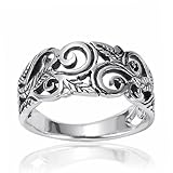 925 Oxidized Sterling Silver 8mm Filigree Leaves Swirl Vine Wreath Ring