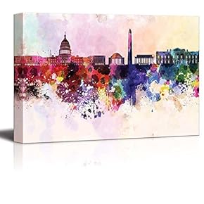 Canvas Prints Wall Art - Washington Dc Skyline in Watercolor Background | Modern Wall Decor/Home Decoration Stretched Gallery Canvas Wrap Giclee Print. Ready to Hang - 12" x 18"