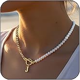 Yanxyad Pearl Initial Necklaces for Women 18K Gold Stainless Steel Letter A-Z Pendant Figaro Chain 16+3 Inch Jewelry Gift for Her