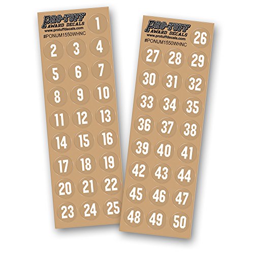 Pro-Tuff Decals Number Decals for Helmets (Football, Lacrosse, Baseball, Softball, Hockey) 1-50, 50 Stickers (White)