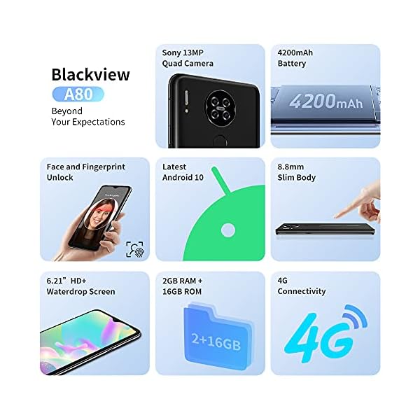 Mobile-Phone-Blackview-A80-SIM-Free-Unlocked-Mobile-Phones-4G-Android-10-Smartphone-with-6217-inches-Waterdrop-Screen-13MP-Camera-4200mAh-Battery-128GB-Extension-FaceFingerprint-Unlock-Black Mobile Phone, Blackview A80 SIM-Free Unlocked Mobile Phones, 4G Android 10 Smartphone with 6.217 inches Waterdrop Screen…