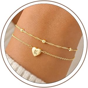 Turandoss Gold Initial Bracelet for Women Girl， Heart Letter A-Z Bracelets | Gold Initial Bracelet for Women Girl, 14K Gold P