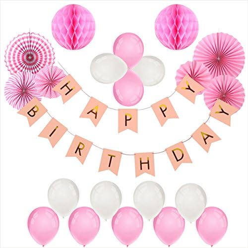 Yaafee 22pcs Happy Birthday Banner Tissue Paper Birthday Party pack Includes Happy Birthday Banner, pink Paper Honeycomb Balls Pom Pom Decorations Perfect Set for Any Birthday Decorations Banner Kit