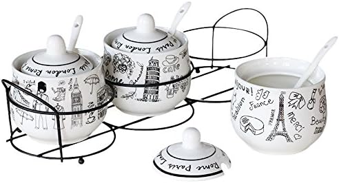 QCLTY Set of 3 Ceramic Condiment Pots Spice Serving Jars Seasoning container with Serving Spoons &amp; Bamboo Stand