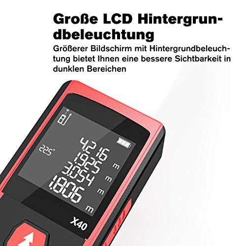 Laser Entfernungsmesser 60m mit Elektronischer Winkelsensor, LCD Hintergrundbeleuchtung, Pythagoras/Abstand/Fläche/Volumen Messungen(0,05~60m/±2mm, m/in/ft/ft+in, 99 Datenspeicherung)