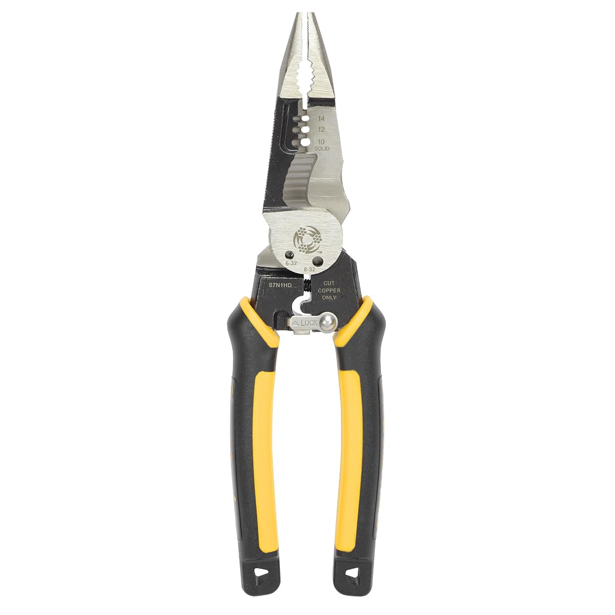 Southwire S7N1HD 7-in-1 Multi-Tool Plier: Shears 6-32 & 8-32 Bolts; Grips; Strips 10-14 AWG SOL & 12-16 AWG STR; Bolt Spanner; Bolt Shears; Crimper; Reamer; Heavy Duty Forged Steel