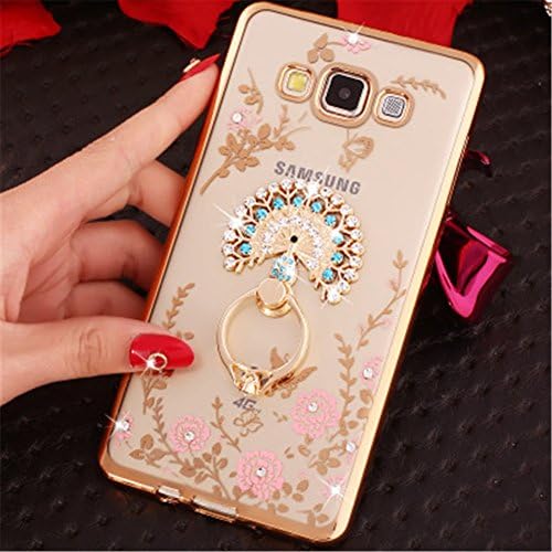 Galaxy C7 Case,Secret Garden Butterfly Floral Bling Swarovski Rhinestone Diamond Rotating Ring Stand Holder Case for Samsung Galaxy C7(Gold-Pink Tail)