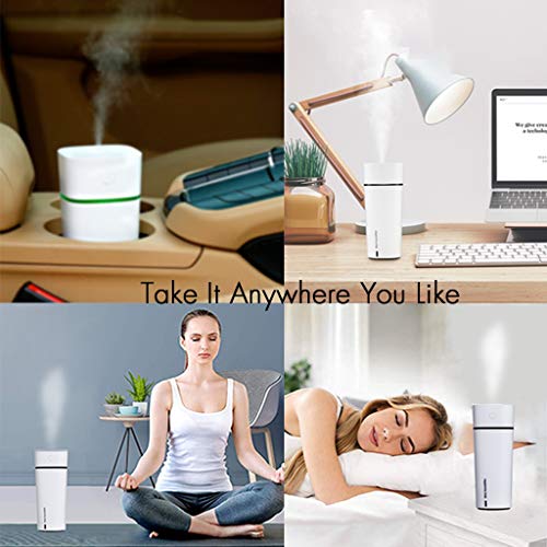 NUMIFUN Portable Humidifiers 240ml Ultrasonic Cool Mist Mini USB Humidifier with USB Fan and Light Accessories Auto Shut-Off with 7 LED Color Light for Bedroom Home Office Car Travel Plant (White)