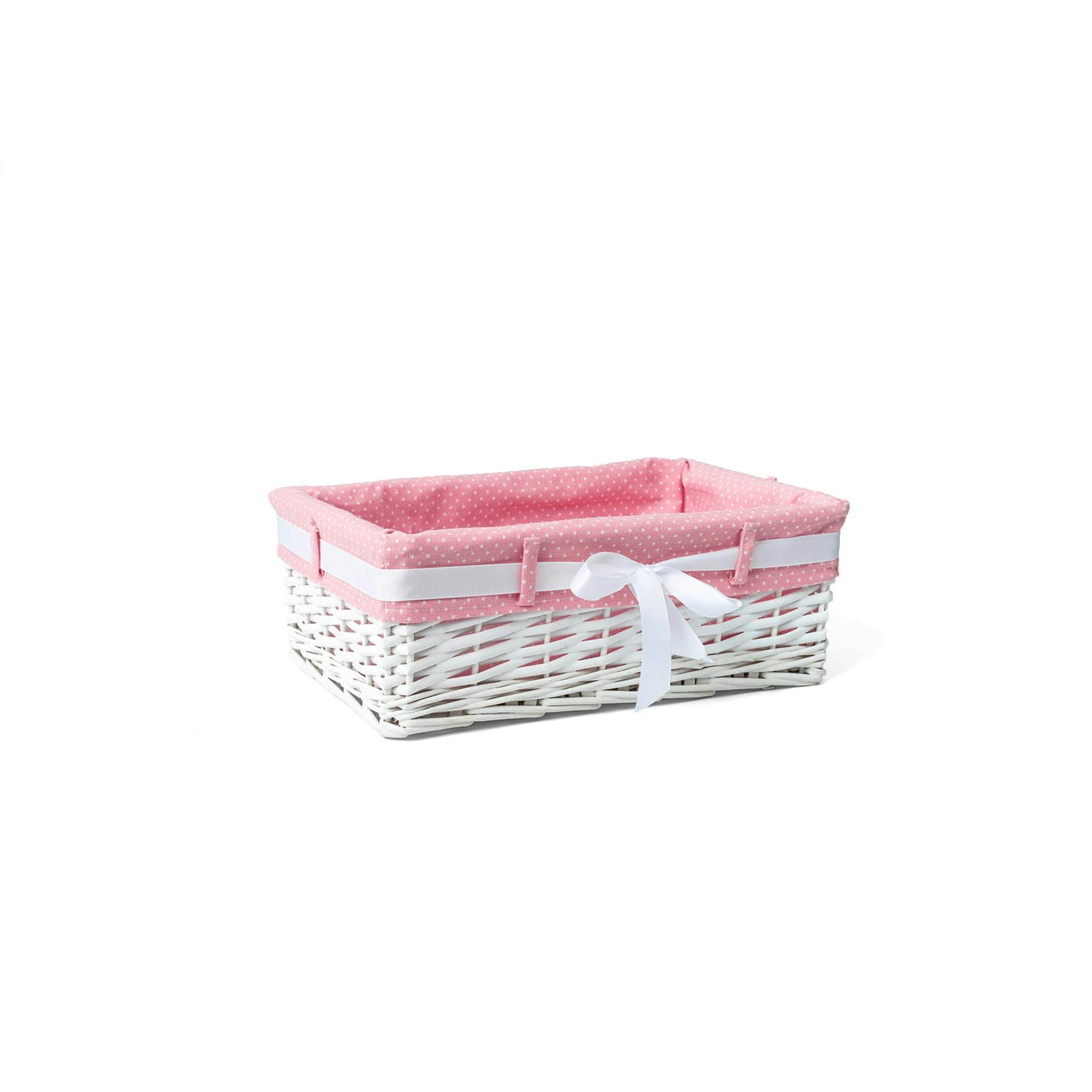 Woodluv Medium Rectangular White Willow Wicker Hamper Storage Basket-With Pink Dot Linning (Gift Hamper Basket)