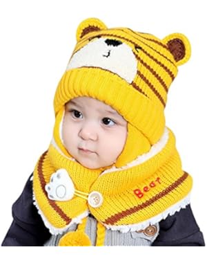Baby Boy Girl Hair Ball Earbud Hat Child Print Knit Hats +Scarf (Yellow)