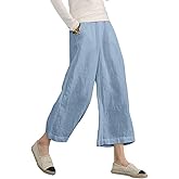 Womens Linen Cropped Pants Loose Casual Capri Cotton Wide Leg Plus Size Elastic Waist with Drawstring Trouses Light Blue 3XL