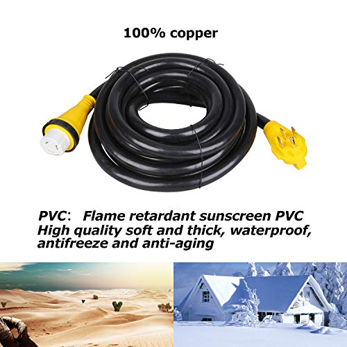 Trek Power RV Extension Cord 50Amp 30FT For Trailer Motorhome Camper with Grip Handle Plug, Locking Connector, Black