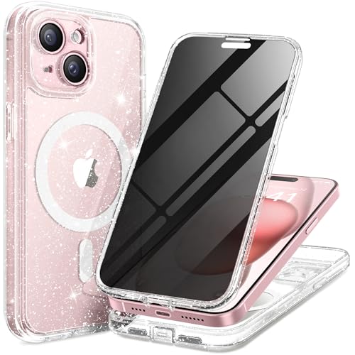 TIESZEN Schutzhülle für iPhone 15, kompatibel mit MagSafe, eingebauter Sichtschutz und Kameraschutz, Anti-Spionage, vollständiger Körper, staubdicht, stoßfest, harte Handyhülle, 6,1 Zoll, glänzend