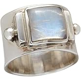 QUSIIOSLK 925 Sterling Silver Square Cut Moonstone Wide Band Ring Boho Vintage Rainbow Natural Moonstone Statement Solitaire Ring Retro Jewelry Gift for Women 8