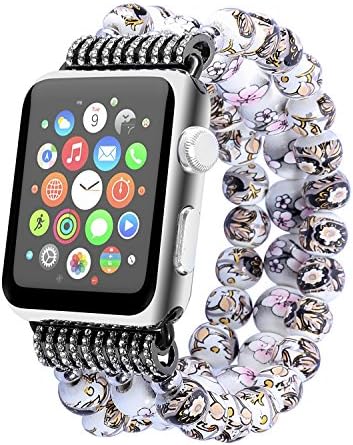 Apple Watch Bands 38mm Ceramic Handmade Beads Stretch iwatch Link Bracelet with Adapters for Apple Watch Series 3(2017) Series 2(2016) Series 1(2015) All Models(Gray Flower)