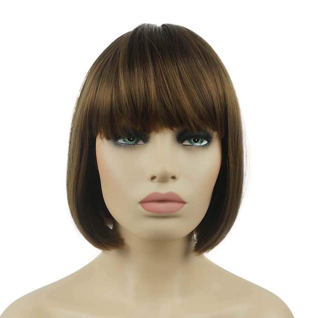 Lydell 8" Straight Short Bob Hair Flat Bangs Cute Central Dot Skin Top Heat Resistant Synthetic Wigs Light Reddish Golden Brown