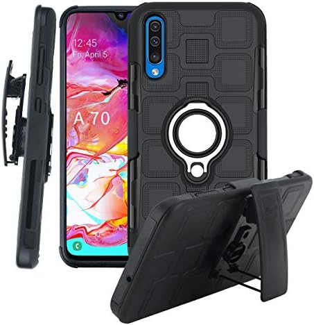 TaiY 3 in1 Protective Hybrid Cover Shockproof Rugged Phone Case 360 Full Body Kickstand Swivel Belt Clip Holster for Samsung Galaxy A70 - Black