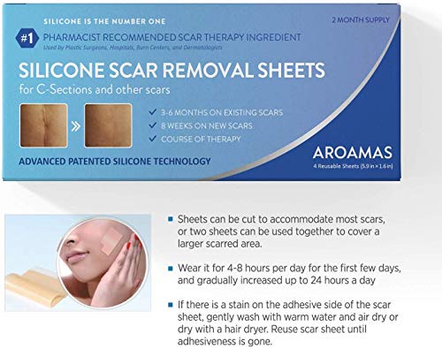 Aroamas Professional Silicone C-Section Scar Removal Sheets, Soft Adhesive Fabric Strips, Drug-Free, Relieves Itching, Remove Keloid Scars, Acne. 5.9" ✕ 1.6", 4 pcs (2 Month Supply), Beige