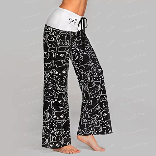 Minisoya Women Cat Printed Drawstring Casual Loose Lounge Yoga Pants Leggings Sweatpants Palazzo Wide Leg Trousers (Black, S) - Thumbnail 3