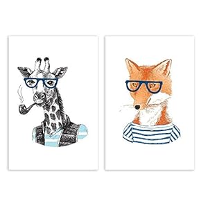 2 Panel Canvas Wall Art - Cartoon Animals - Mr Giraffe and Mr Fox - Giclee Print Gallery Wrap Modern Home Art Ready to Hang - 16"x24" x 2 Panels