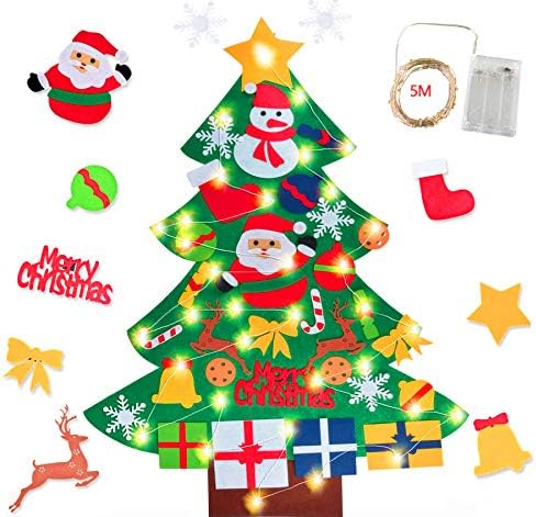 Xndryan Felt Christmas Tree for Kids, DIY Felt Xmas Tree with 28pcs Ornaments and 50 LED String Lights, Great Hanging Christmas Decorations Xmas Gifts for Kids