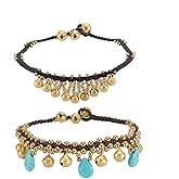 PH PandaHall Bohemian Ankle Bracelets, 2pcs Bell Anklets Indian Anklets Golden Bell Ankle Bracelet Turquoise Drop for Women Adults Boho Summer Beach Jewelry Gifts, 9.5 inch