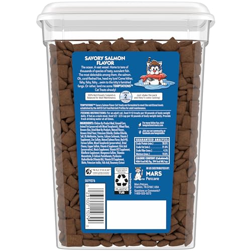 TEMPTATIONS CAT TREATS CLASSIC CRUNCHY AND SOFT CAT TREATS, SAVORY SALMON FLAVOR, 16 OZ. TUB
