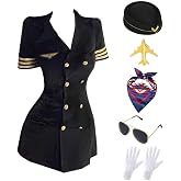 Adult Stewardess Costume Women Flight Attendant Costume with Accessories | Classic Flight Attendant Style；Gold Stripe Sleeve Detail；Complete Costume Accessories