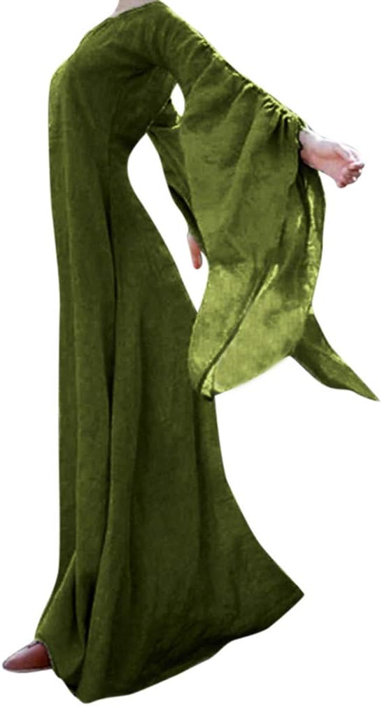 WatFY Women Sundress Fall Winter Medieval Gothic Ball Gowns Solid Long Sleeve Skirts Maxi Dress