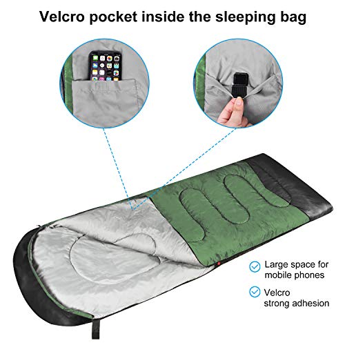 ChampionPlus Sleeping Bag for Adults & Kids, Boys and Girls - 3 Season Warm & Cool Weather - Summer, Spring, Fall, Compact Sleeping Bags Lightweight，Camping/Hiking/Backpacking, Green