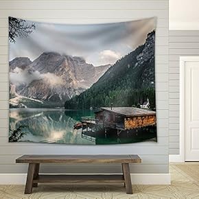 Landscape with Mountain and Wood Hut and Reflection on Water - Fabric Wall Tapestry Home Decor - 51x60 inches