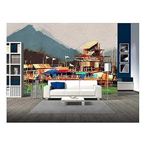 Seascape Painting Showing Old Fishing Village,Digital Painting - Removable Wall Mural | Self-Adhesive Large Wallpaper - 66x96 inches