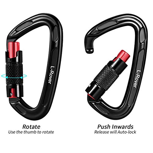 L-Rover Ultra Sturdy Twist Lock Climbing Carabiner Clips, Auto Locking and Heavy Duty Caribeaners, x2/24kN/5400-pound Rating for Hammocks, Rappelling (Auto Locking,24KN,Black/Red) - Thumbnail 3
