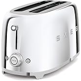 SMEG 4 Slice Toaster TSF02, Long Slot Toaster with Wide Slots for Bagels &amp; Artisan Bread, Retro Stainless Steel, 6 Browning Levels, Defrost Reheat Bagel Functions, 1400W - (Stainless Steel)
