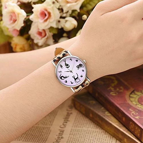 JSDDE Montre Femme Montre Chat Montre Rétro Bracelet en PU Analogue Quartz Montre Fille Montre Animale