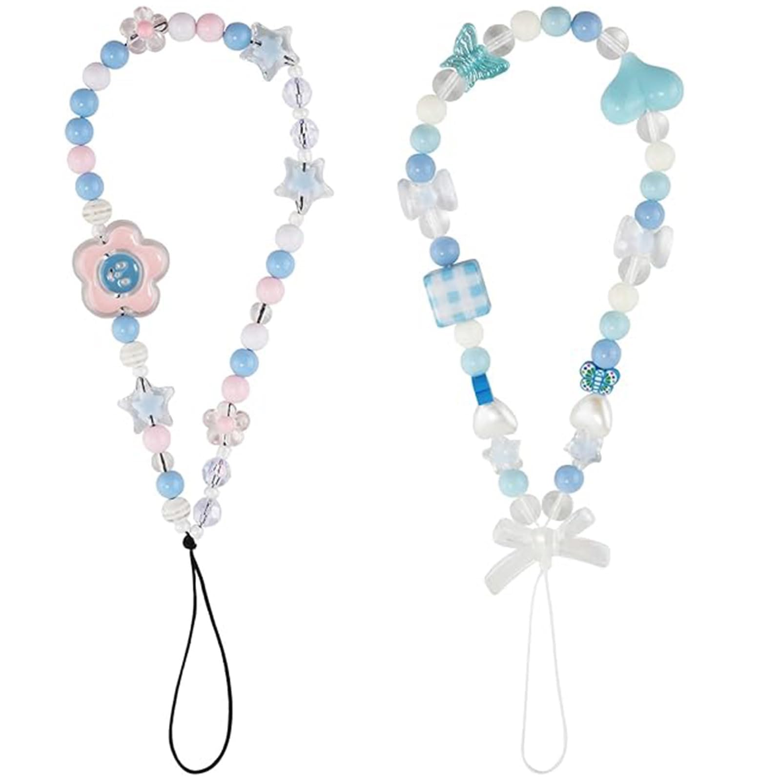 JYTDBCS Floral Beaded Phone Lanyards w/ Stars, Butterfly & Flower Torque - Blue Cellphone Wrist Straps for Girls