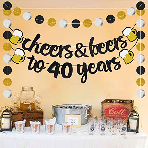40-Years-Anniversary-Decorations-Cheers-Beers-to-40-Years-Banner-with-40th-Years-Old-Cake-Topper-Black-Glittery-Circle-Dots-Garland-for-40th-Birthday-Wedding-Party-Supplies-Decorations-PRESTRUNG
