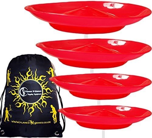 4x Spinning Plate Set (Red) CLASSIC Circus Spinning Plates + 2-Piece Plastic Sticks + Flames N Games Travel Bag! Great fun for Kids & Adults.