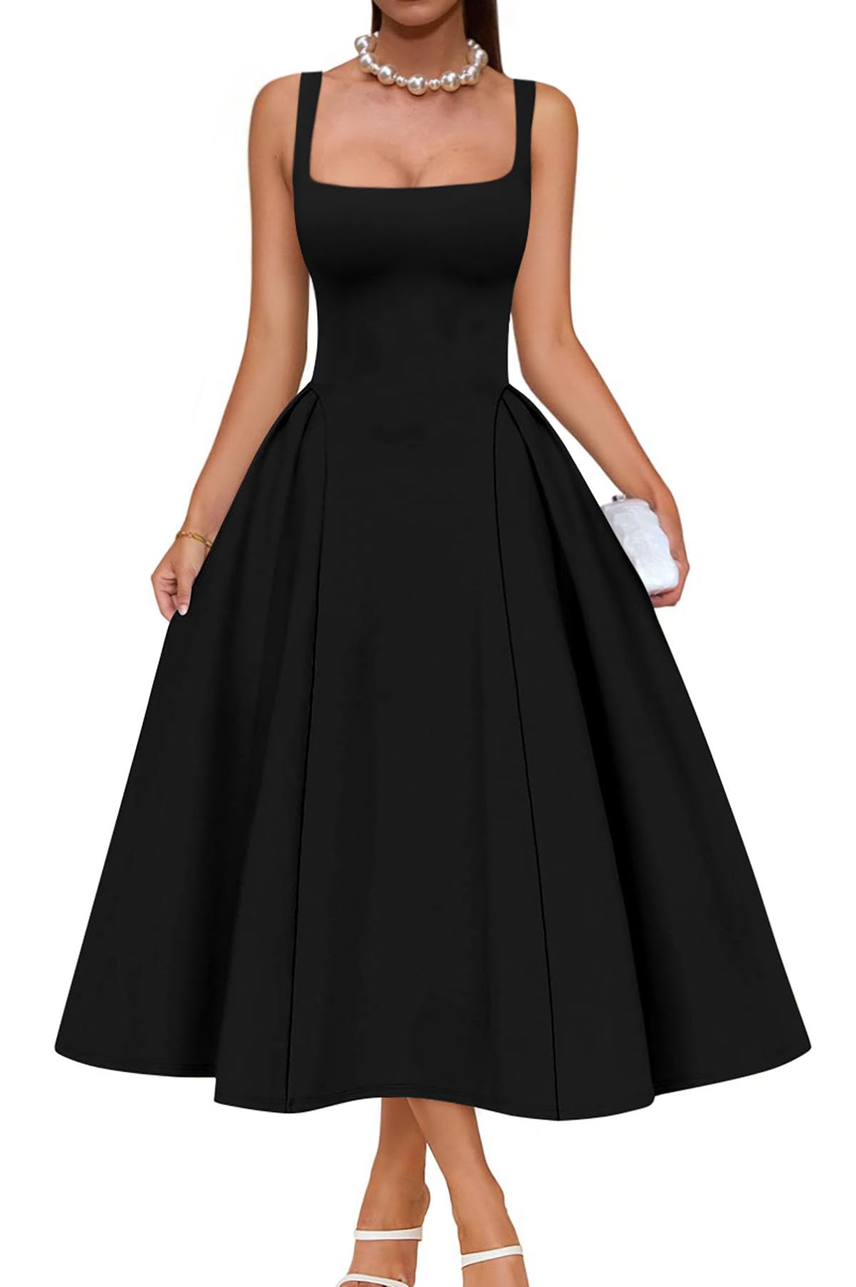 Photo 1 of SMALL-Memoriesea Women's Elegant Square Neck Swing A Line Wedding Evening Party Midi Dress Black