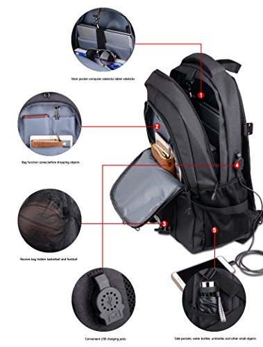 Artone Water Resistant 15.6" Anti-Theft Laptop Backpack Outdoor Sports Travel Daypack with Basketball Net and Usb Charging Port Black
