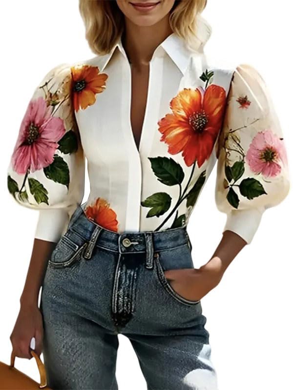 Photo 1 of UOOZEE Women's Dressy Casual Floral Print Blouse Collared Puff Half Sleeve Button Down Shirts Tops, Beige, M