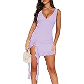 Pungdra Womens Sexy Deep V Neck Mini Dress for Women Y2K Side Slit Going Out Cocktail Wedding Party Ruffle Short Dresses