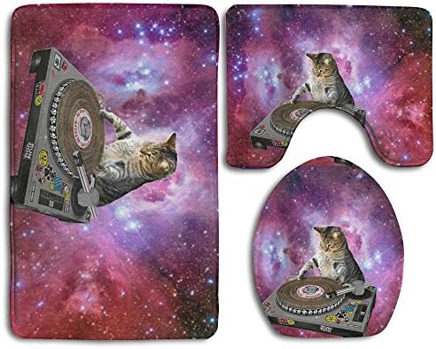 Usieis DJ Space Cat Non-Slip Toilet Rug Sets 3 Pcs Bathroom Mats Rug Lid Toilet Cover