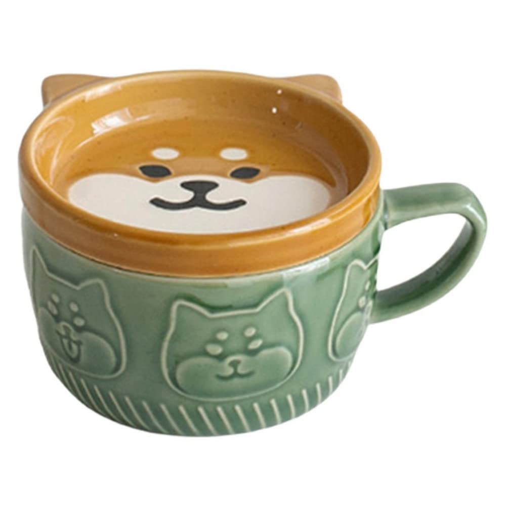 Liseng Japanese Cute Mug Ceramic Shiba Inu Panda Coffee Cup with Lid Home Couple Milk Breakfast Cup Water Cup (Green)