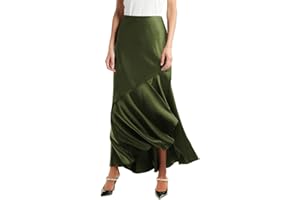 SEBOWEL Women Satin Skirt Silk A Line Swing Ruffle Pleated Cocktail Skirts Silky High Low Tiered Long Maxi Skirt with Split