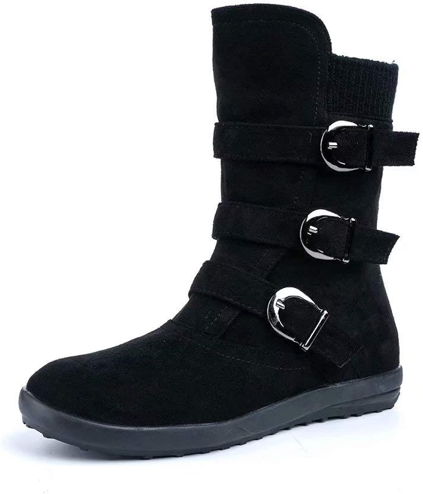 JOYTO Halbstiefel Damen Gefüttert Winter Flache Fell Leder Schnallen Weiter Halbschaft Stiefel ...