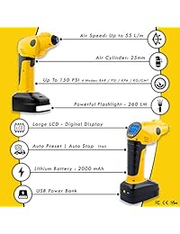 Planetico Potente compresor de aire inalámbrico para neumáticos: inflador portátil multifunción, bomba de medidor de presión recargable automática con preajuste digital LCD, banco de energía, linterna, 150 PSI, 12 V, 55 L M