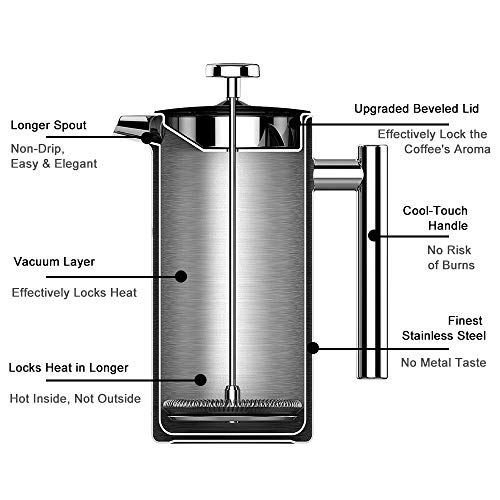 French Press Coffee Maker (34 OZ), French Press Stainless Steel with 2 French Press Filters, Milk Frother and Coffee Scoop, Camping Coffee Maker French Coffee Press Stainless Steel Coffee & Tea Maker.