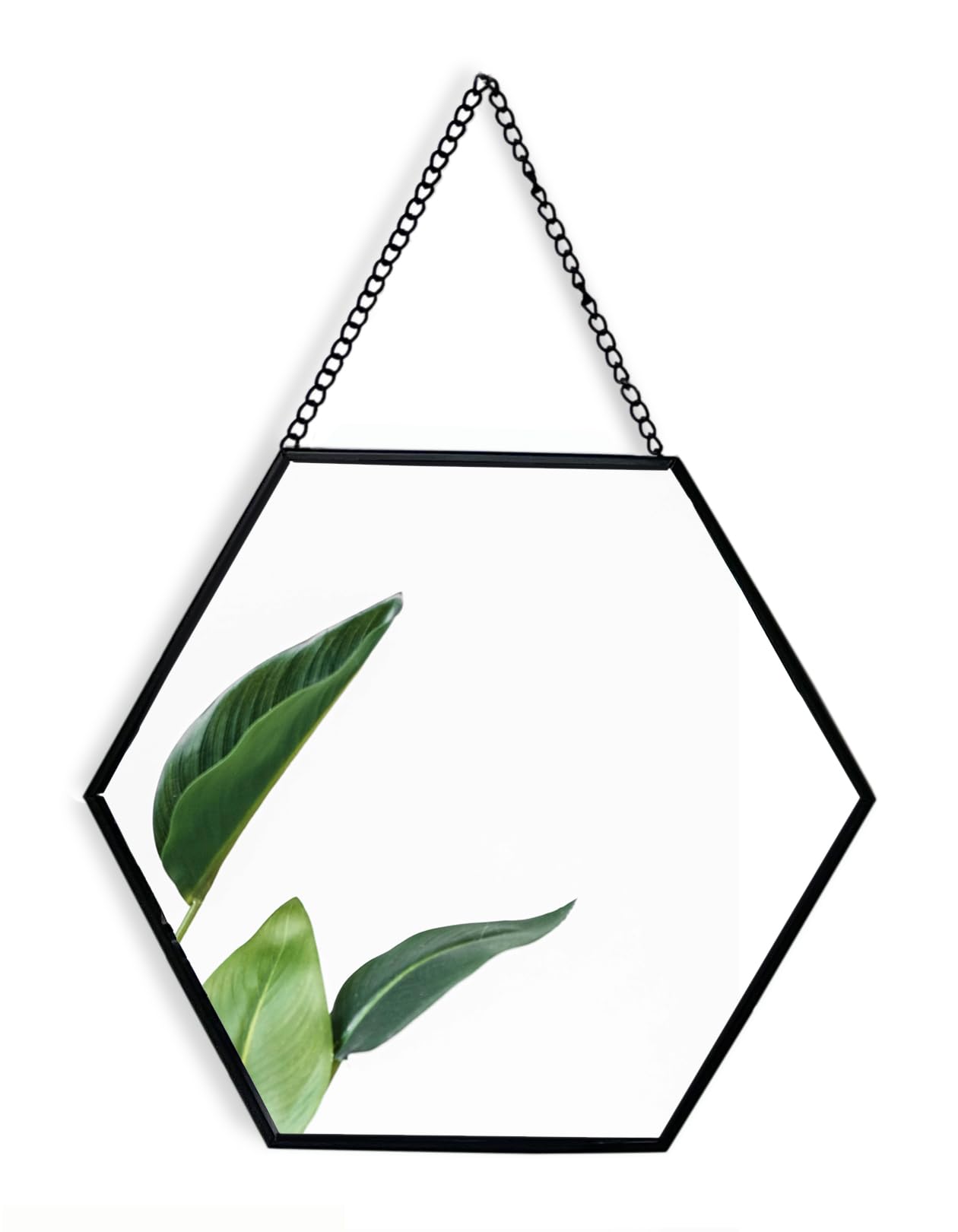 GreyZouq Black Hexagon Small Wall Mounted Mirror with Hanging Chain and Metal Frame (Black, 22L x 25W cm)